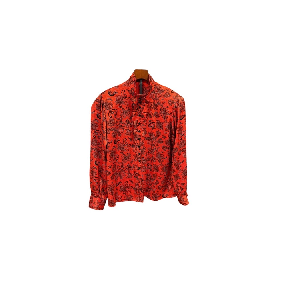 Vtg Louis Feraud Vintage Red Black Floral Ruffle Jabot Blouse Hong Kong READ 8